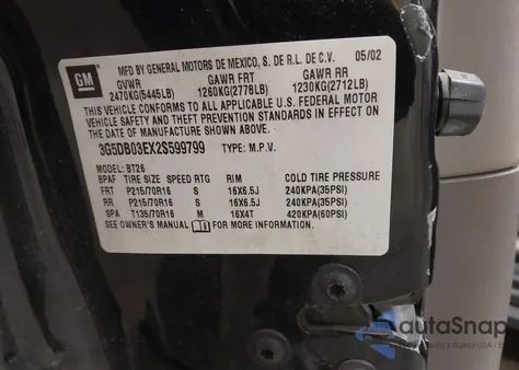 2002 Buick Rendezvous Cxl from USA, damaged, VIN 3G5DB03EX2S599799